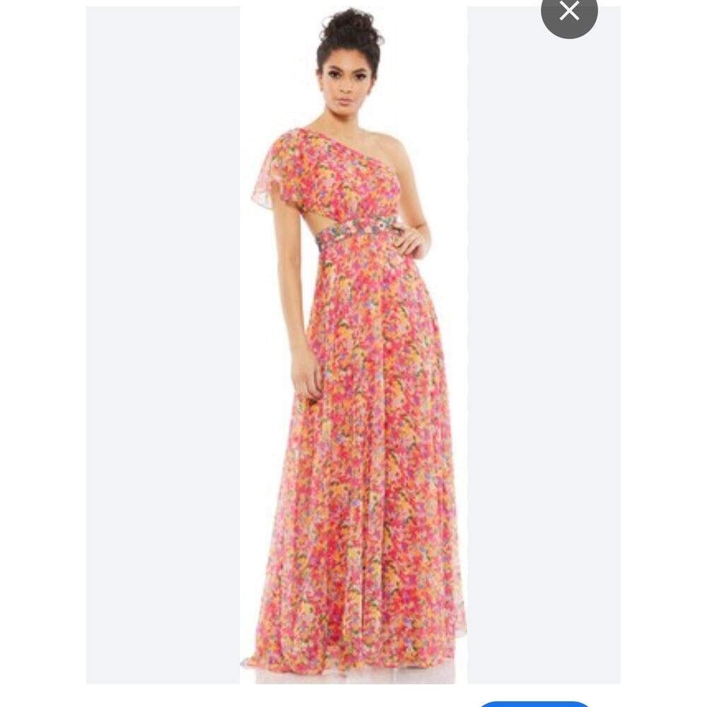 Mac Duggal Floral Print 9157 One Shoulder Asymmetrical Gown Embellish Waist Sz 6